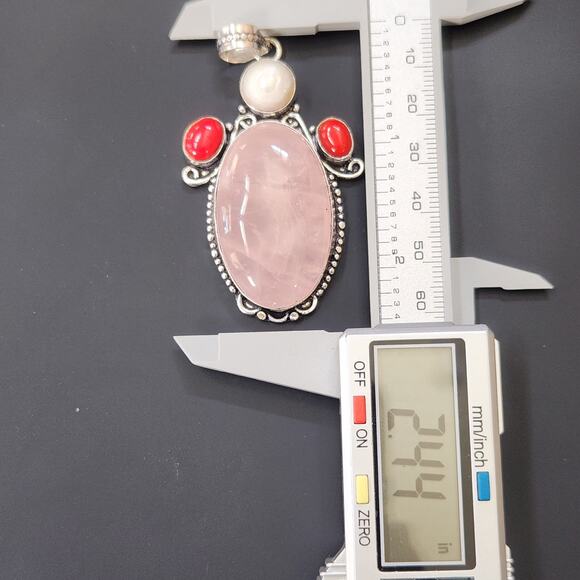Rose Quartz & Pearl Sterling Silver Pendant Necklace with Red Jasper - Picture 11 of 12